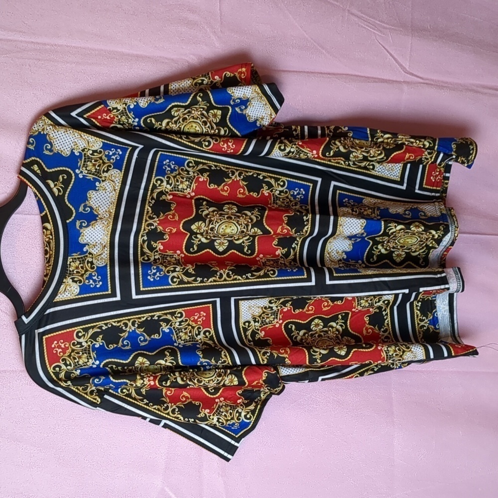 Boohoo Plus Baroque Print Oversized Red Blue Gold Short Sleeve Tee size 18